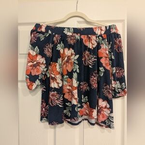 Loveappella Navy Floral Off-Shoulder Blouse with Coral and Cream Flowers